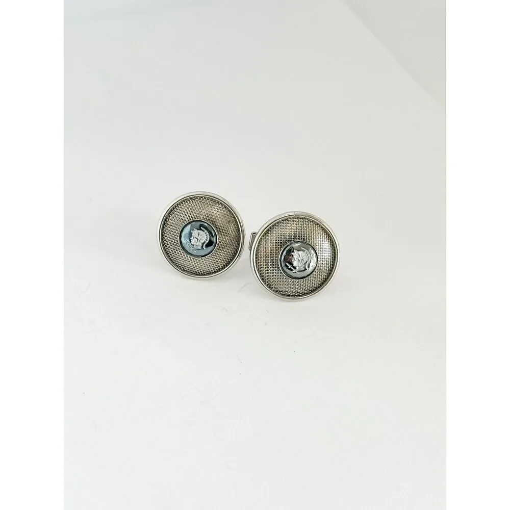 Vintage Silver Tone Hematite Roman Soldier Cufflinks Round